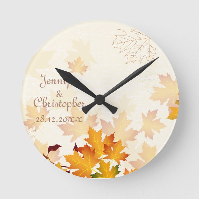 Reloj Redondo Mediano Golden Autumn Leaves Wedding Memento (Anverso)