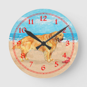 Reloj Redondo Mediano Golden retriever en la playa