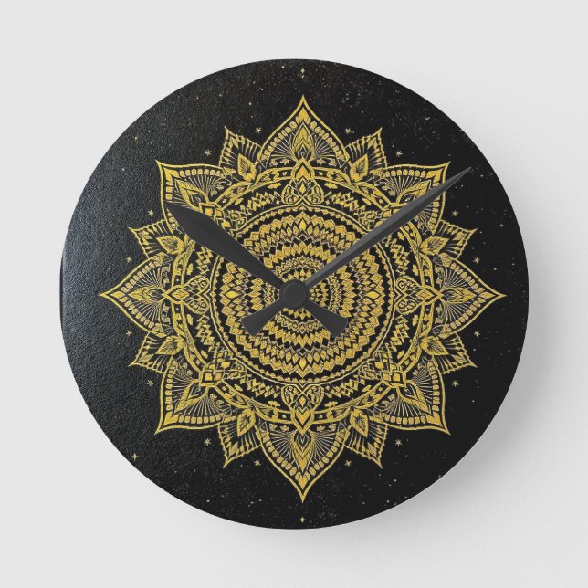 Reloj Redondo Mediano Golden Starburst Mandala on Black (Anverso)