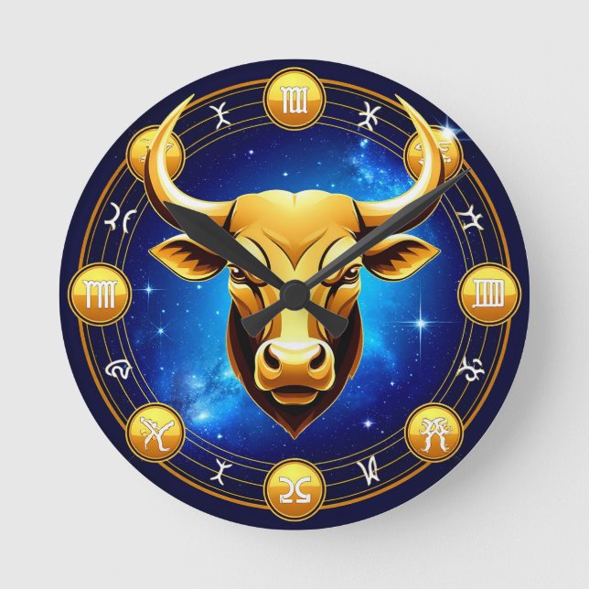 Reloj Redondo Mediano Golden Taurus Bull In Cosmic Zodiac Circle (Anverso)