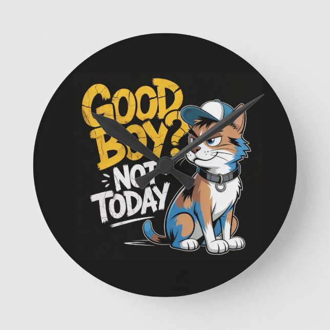Reloj Redondo Mediano Good Boy Not Today Funny Cat Illustration (Anverso)