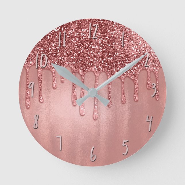 Reloj Redondo Mediano Goteo en goteos rosados bonitos del purpurina (Anverso)