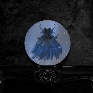 Reloj Redondo Mediano Gothic Fairy Navy Gown Hojas azules de cobalto p