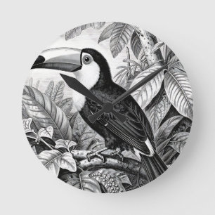 Reloj Redondo Mediano Grabado de follaje de selva de tucanes