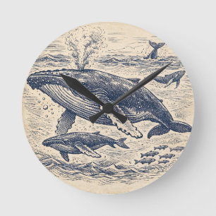 Reloj Redondo Mediano Grabado vintage de manada de ballenas jorobadas