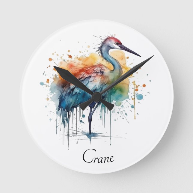Reloj Redondo Mediano Graceful Crane: Arte acuarela, personalizado (Anverso)