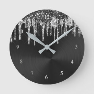 Reloj Redondo Mediano Gráfica de Purpurina negro plateado de moda