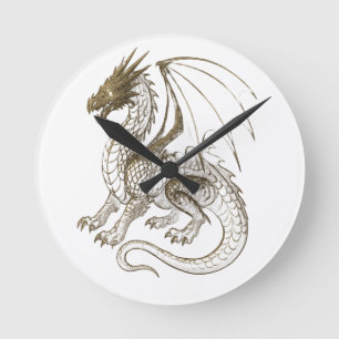 Reloj Redondo Mediano Gráfica mítica de fantasía de dragón de plata