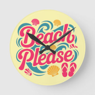 Reloj Redondo Mediano Gráfica Retro de Playa Por Favor: Tipografía Rosa