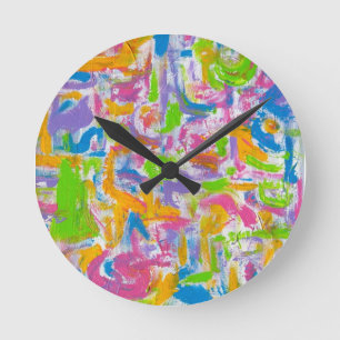 Reloj Redondo Mediano Grafiti de neón - Pinceladas abstractas pintadas a