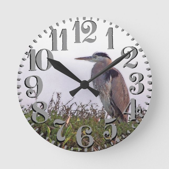 Reloj Redondo Mediano Gran Blue Heron Bird Big Number Wall Clock (Anverso)