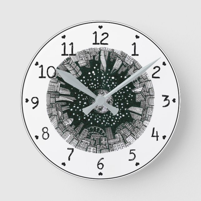 Reloj Redondo Mediano Gran ciudad bajo la luna blanco y negro (Anverso)