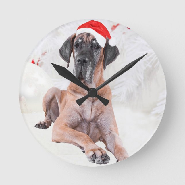 Reloj Redondo Mediano Gran Gorra de perro danés Feliz Navidad (Anverso)