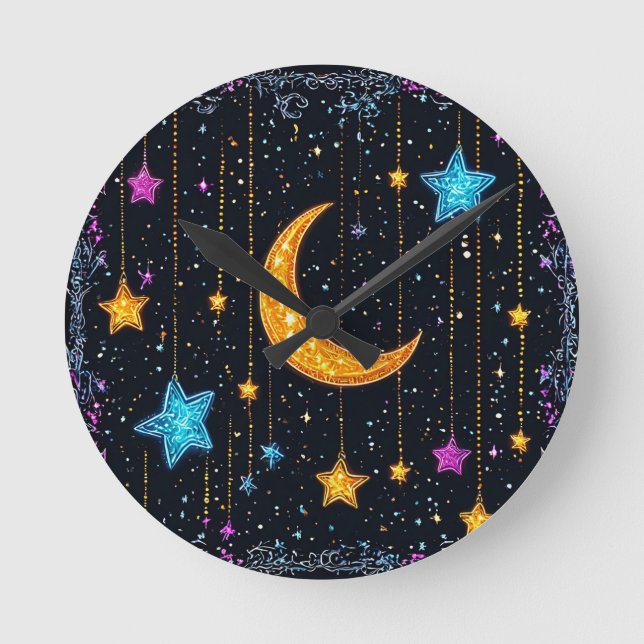 Reloj Redondo Mediano Gran luna creciente y numerosas estrellas (Anverso)