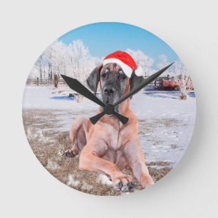 Reloj Redondo Mediano Gran Perro De Azulejos Sentado En Gorra De Navidad