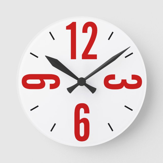 Reloj Redondo Mediano Grandes números rojos y negros modernos (Anverso)
