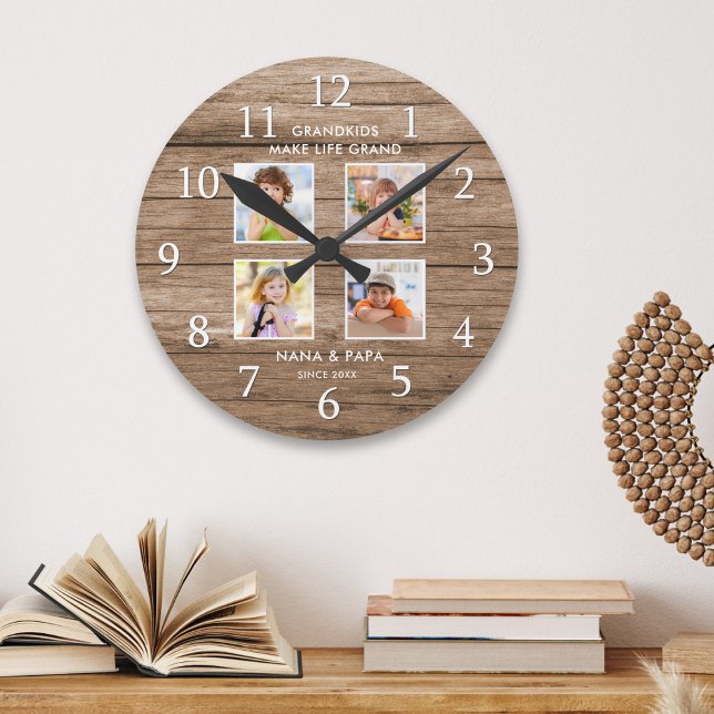 Reloj Redondo Mediano Grandkids Make Life Grand 4 Photo Collage Wood (Subido por el creador)