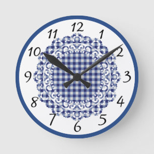 Reloj Redondo Mediano Granja Casa de Campo Azul Gingham