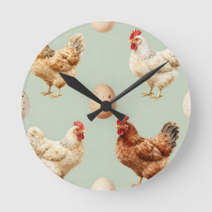 Reloj Redondo Mediano Granja de Gallinas Realistas Patrón de Huevos Fres