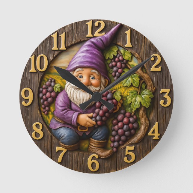 Reloj Redondo Mediano Grape-loving gnome harvest fantasy (Anverso)