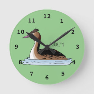 Reloj Redondo Mediano Great crested grebe bird cartoon illustration 