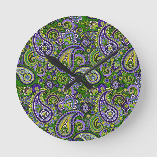 Reloj Redondo Mediano Green and Purple Paisley (Anverso)
