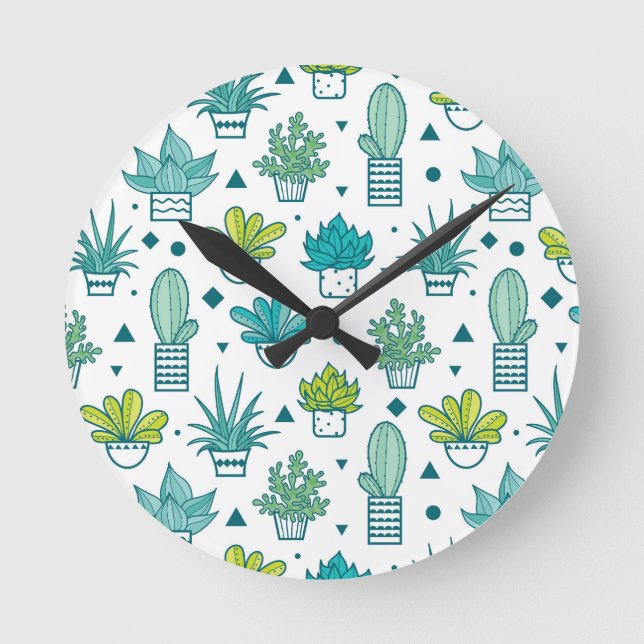 Reloj Redondo Mediano Green & Blue Watercolor Succulent Pattern (Anverso)