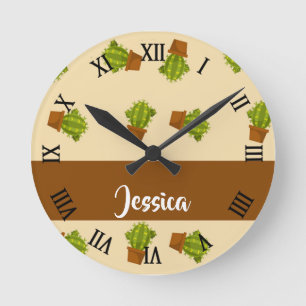 Reloj Redondo Mediano Green cactus plant on pink