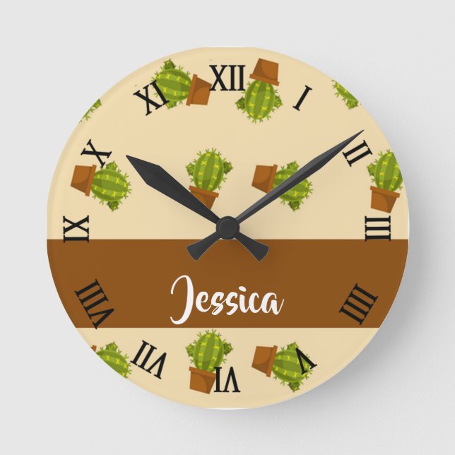 Reloj Redondo Mediano Green cactus plant on pink (Anverso)