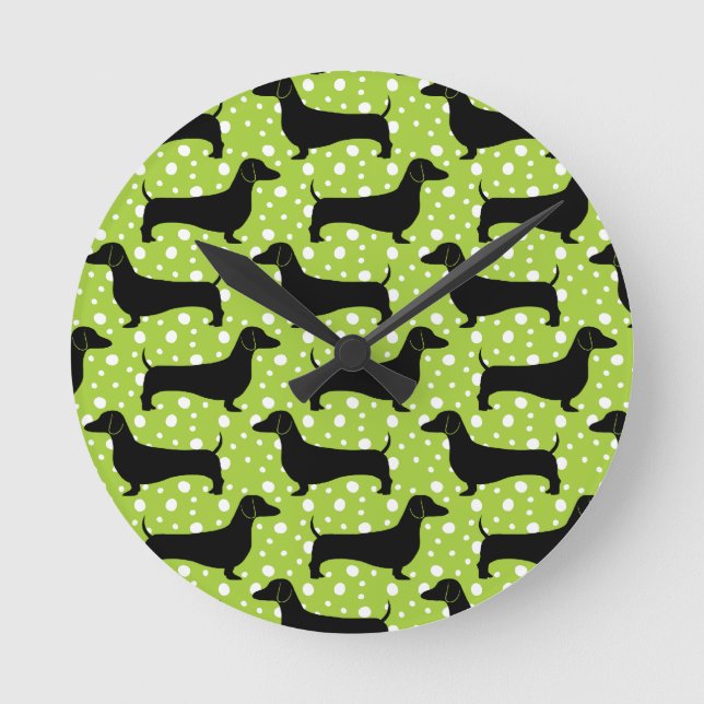 Reloj Redondo Mediano Green Polka Dachshunds (Anverso)