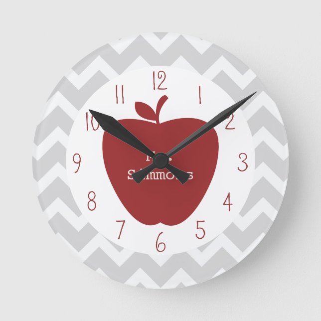 Reloj Redondo Mediano Gris Chevron y Red Apple Teacher (Anverso)