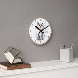 Reloj Redondo Mediano Gris dulce y Ilustracion de gato Naranja