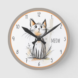 Reloj Redondo Mediano Gris dulce y Ilustracion de gato Naranja