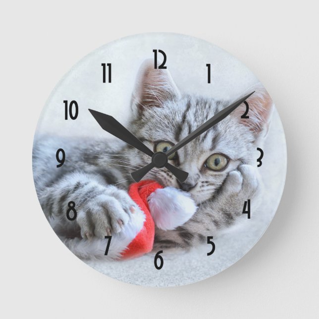 Reloj Redondo Mediano Gris lindo Navidades gatos Gorras Navidad (Anverso)
