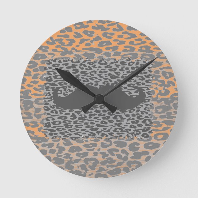 Reloj Redondo Mediano Gris Mustache y Leopardo Print (Anverso)