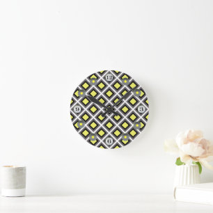 Reloj Redondo Mediano Gris oscuro, negro, diamantes de ikat amarillo de 