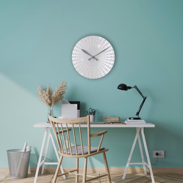 Reloj Redondo Mediano Gris plateado Gema Gem Crystal Diamond White (Silver Gray Ombre Gem Crystal Diamond White Round Clock)