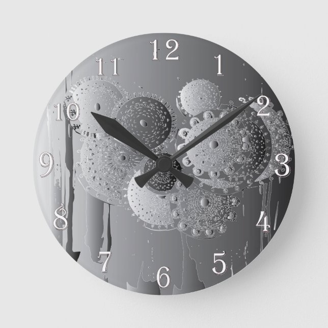 Reloj Redondo Mediano Gris Steampunk Mandala Floral con números blancos (Anverso)