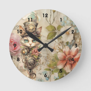 Reloj Redondo Mediano Grumpy Steampunk Cat Collage Vintage Paper Rosas