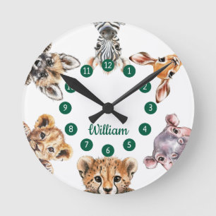 Reloj Redondo Mediano Guardería de animales safari en acuarela linda