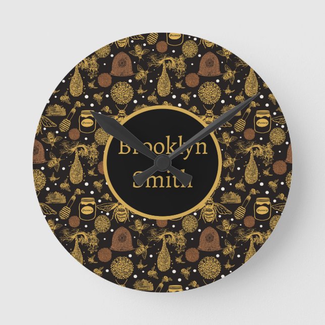 Reloj Redondo Mediano Guardería Negra de Panal de Abejas Vintage (Anverso)