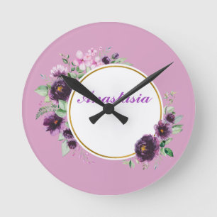 Reloj Redondo Mediano Guay, asombroso, Flores Púrpura con tu nombre