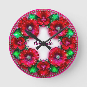 Reloj Redondo Mediano Guirnalda floral redonda con joyas rojas y verdes