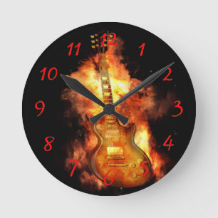 Reloj Redondo Mediano Guitarra en el fuego