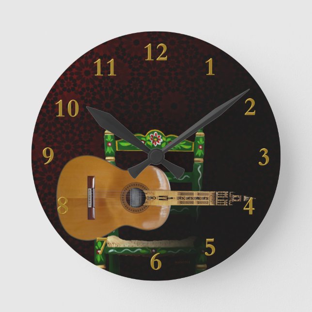 Reloj Redondo Mediano Guitarra española con Giralda de Sevilla y silla. (Anverso)