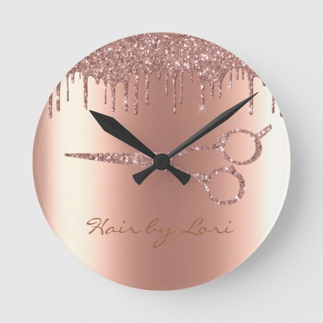 Reloj Redondo Mediano Hair Stylist Rosa Oro Dris Purpurinas Tijeras (Anverso)