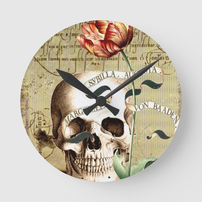 Reloj Redondo Mediano Halloween con escritura floral Steampunk Skull (Anverso)
