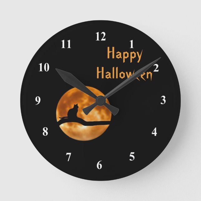 Reloj Redondo Mediano Halloween con grafito de silueta de luna llena de  (Anverso)