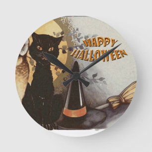 Reloj Redondo Mediano Halloween de búho y gatos