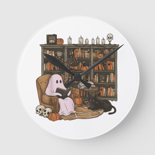 Reloj Redondo Mediano Halloween del amante del gato del libro de lectura (Anverso)